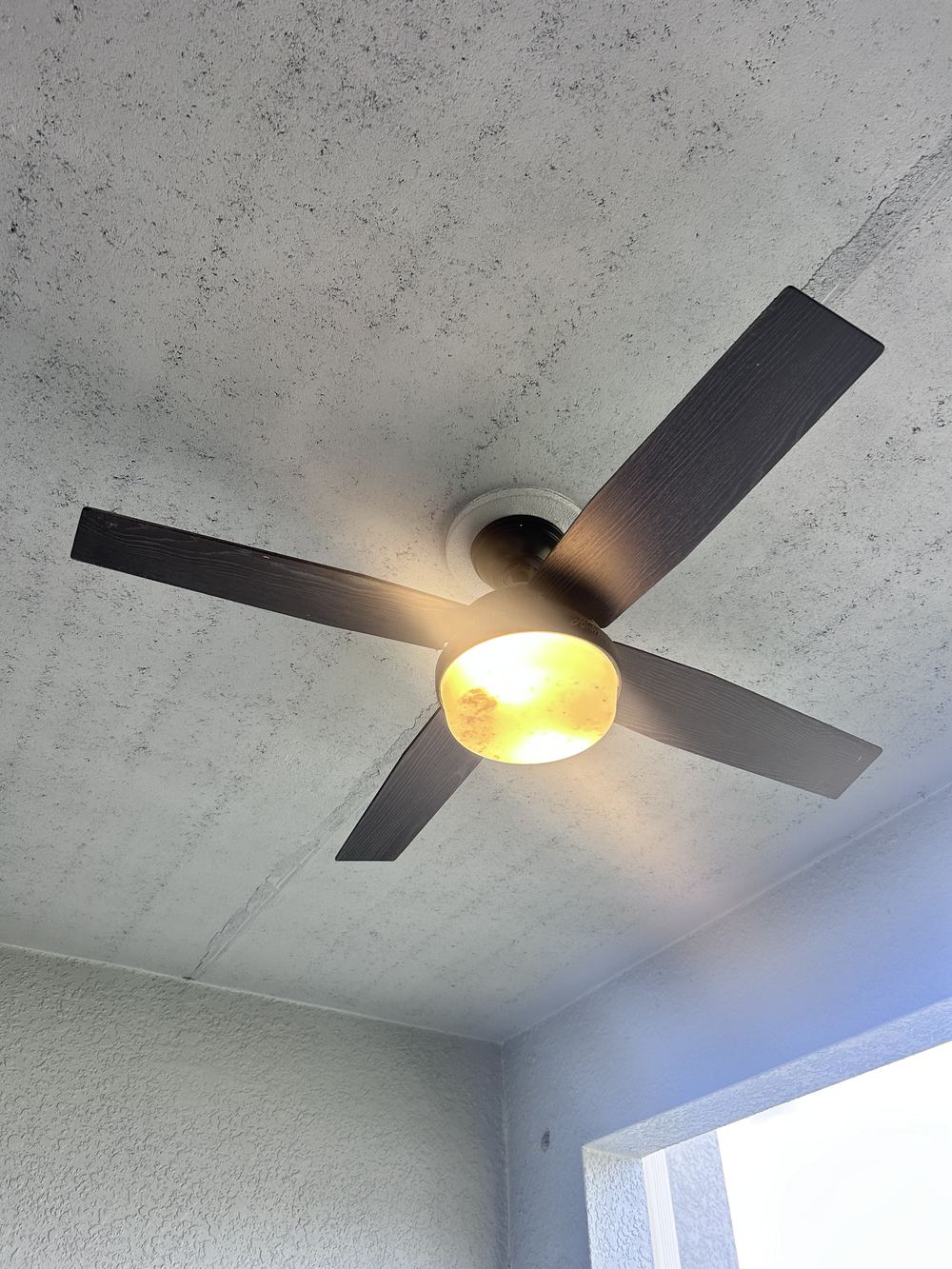 Outdoor rated ceiling fan installed on a lanai